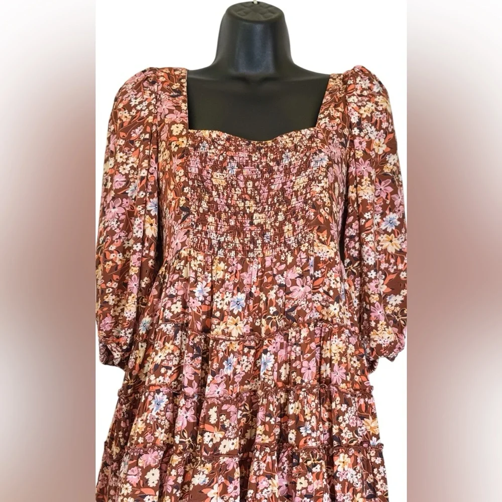 Gypsy Love Smocked Floral Puff Sleeve Mini Dress Boho Festival Style Size M - Picture 2 of 14